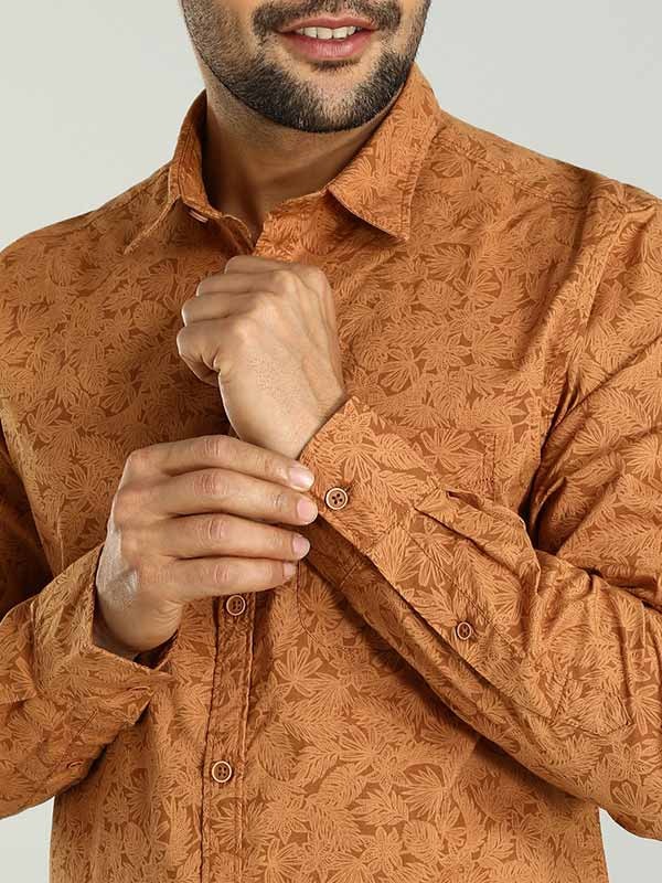 Indian Terrain Men's Slim Fit Full Sleeve Tropical Print Brown Shirt